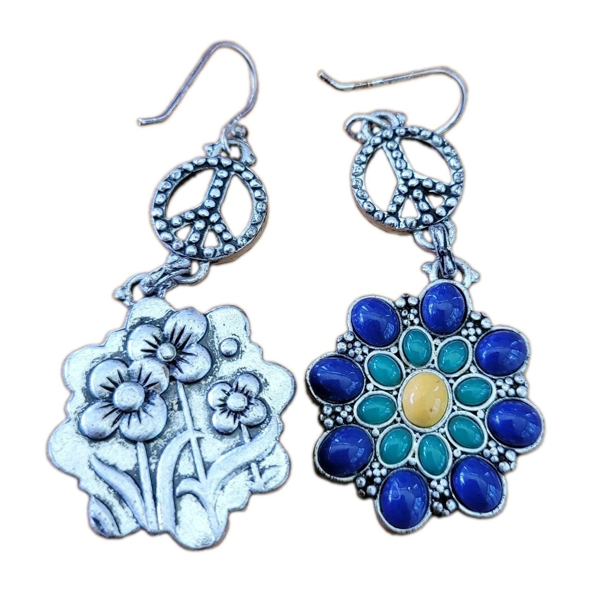 Reversible Boho Peace Sign Flower Dangle Earrings Silver Tone